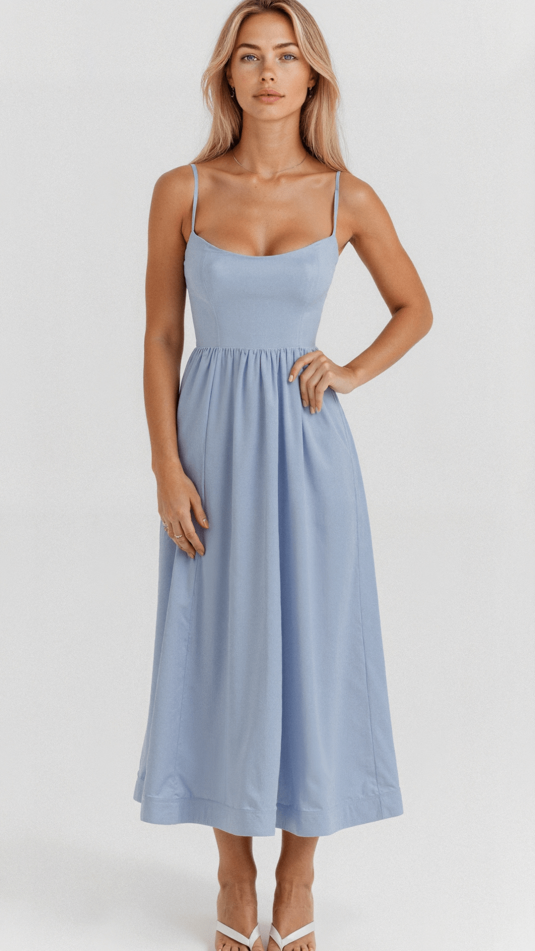 Women's midi dress A-line silhouette spaghetti straps fluid elegant spring summer style
