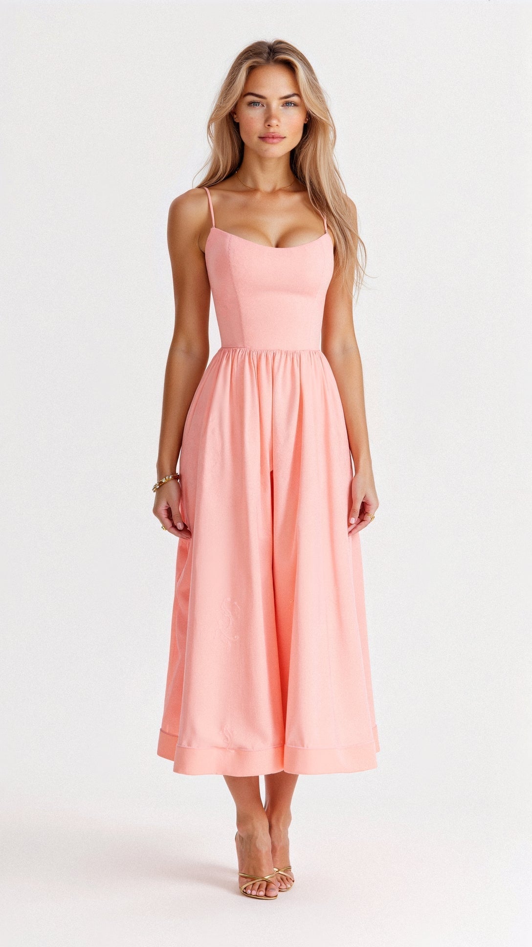 Women's chic A-line midi dress with defined waist, spaghetti straps, and flowy silhouette in versatile style