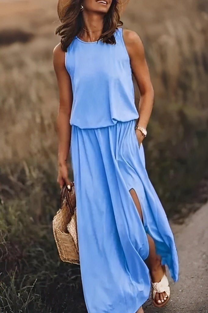 Women's maxi dress breathable loose fit empire waist sleeveless slit round neck summer essential