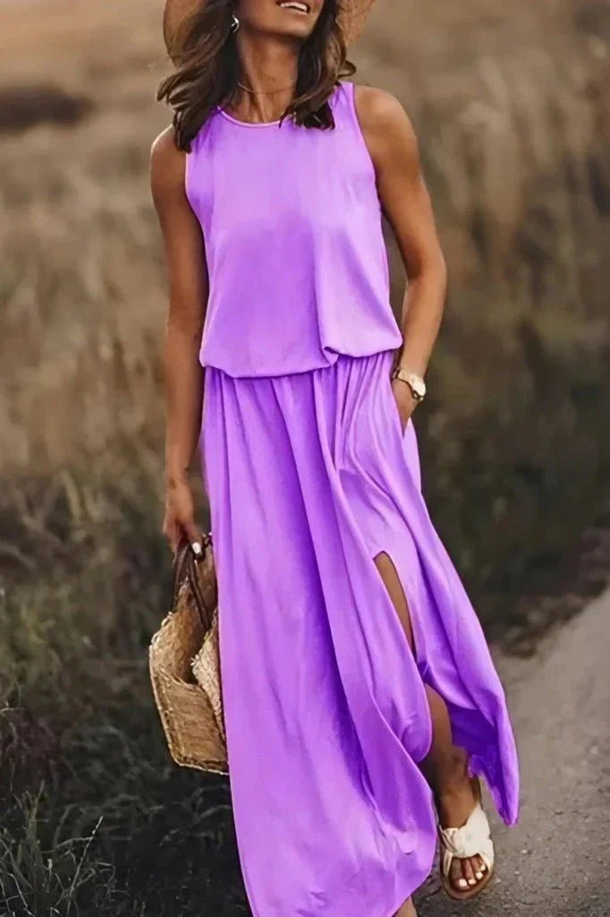 Women's maxi dress loose fit empire waist sleeveless slit round neck breathable cotton summer essential