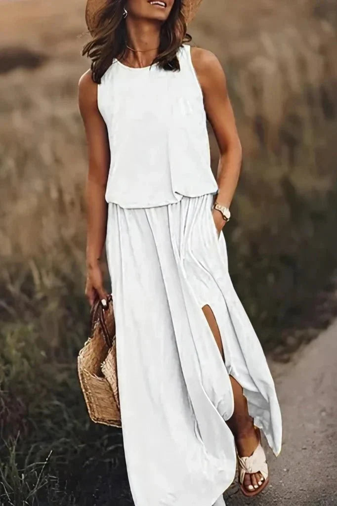 Women's maxi dress loose fit empire waist sleeveless with side slit, lightweight cotton blend summer essential