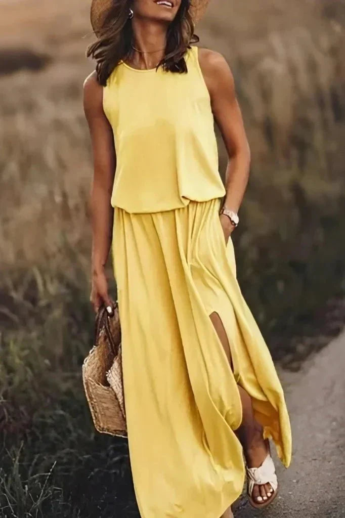 Women's black sleeveless maxi dress, loose fit empire waist with side slit, lightweight summer essential
