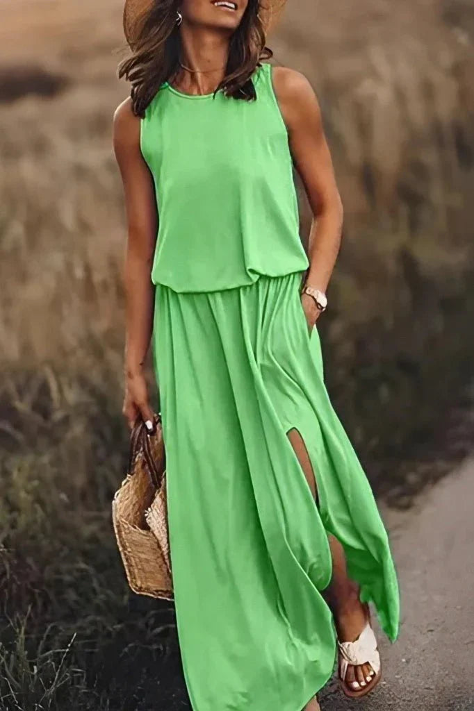 Women's maxi dress breathable loose fit empire waist sleeveless slit cotton blend summer essential
