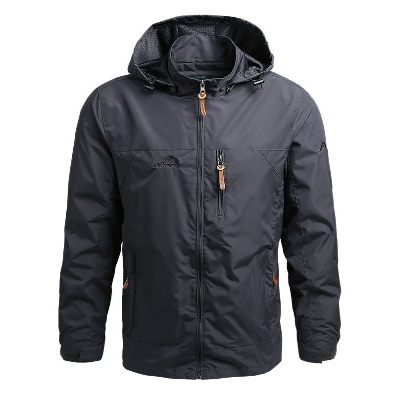 Men's weatherproof outdoor jacket regular fit adjustable hood zipper pockets water-repellent nylon blend