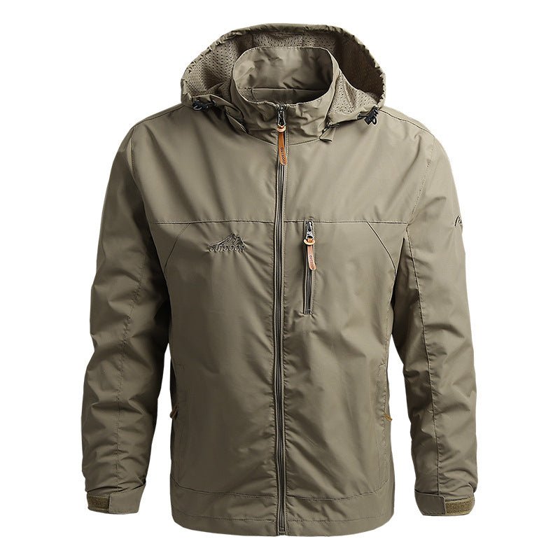 Men's weatherproof outdoor jacket regular fit with adjustable hood and zipper pockets, urban hiking style