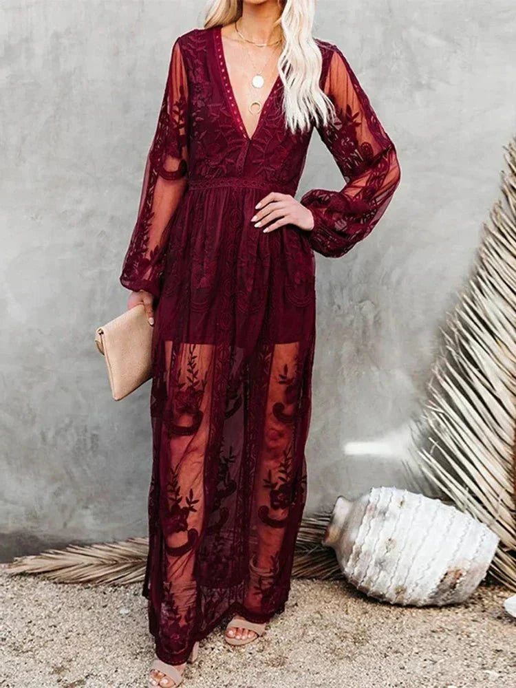 Bohemian lace maxi dress for women in black white burgundy flowing V-neckline warm-weather elegance
