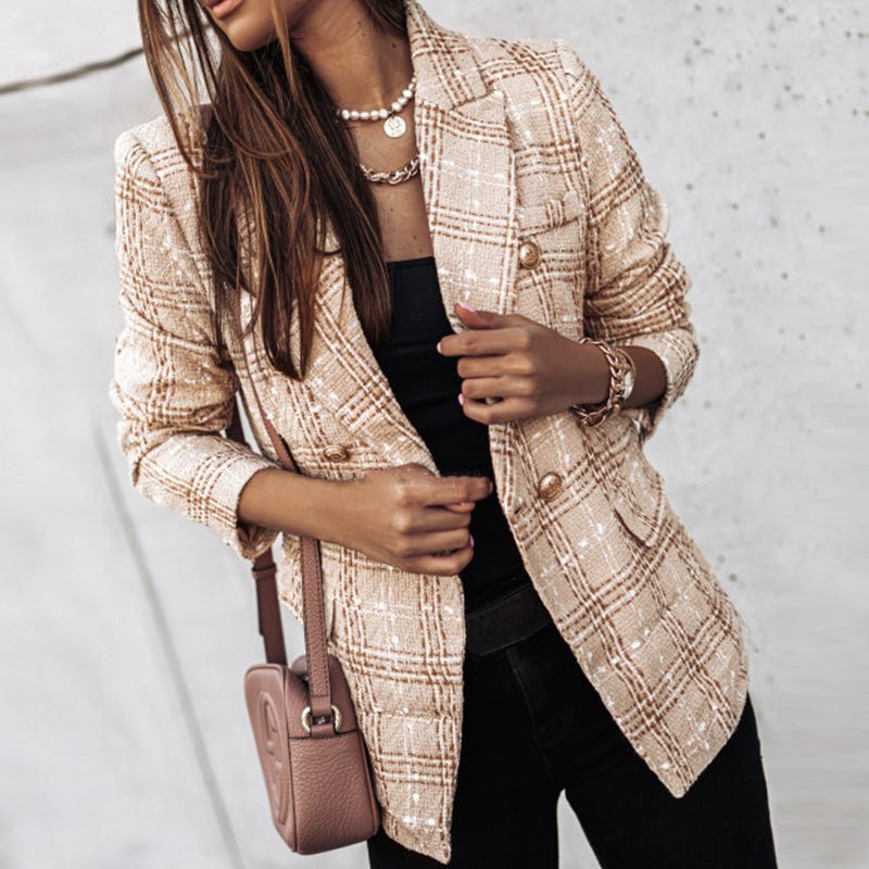 Women's classic check blazer double-breasted chic layering jacket versatile all-season style