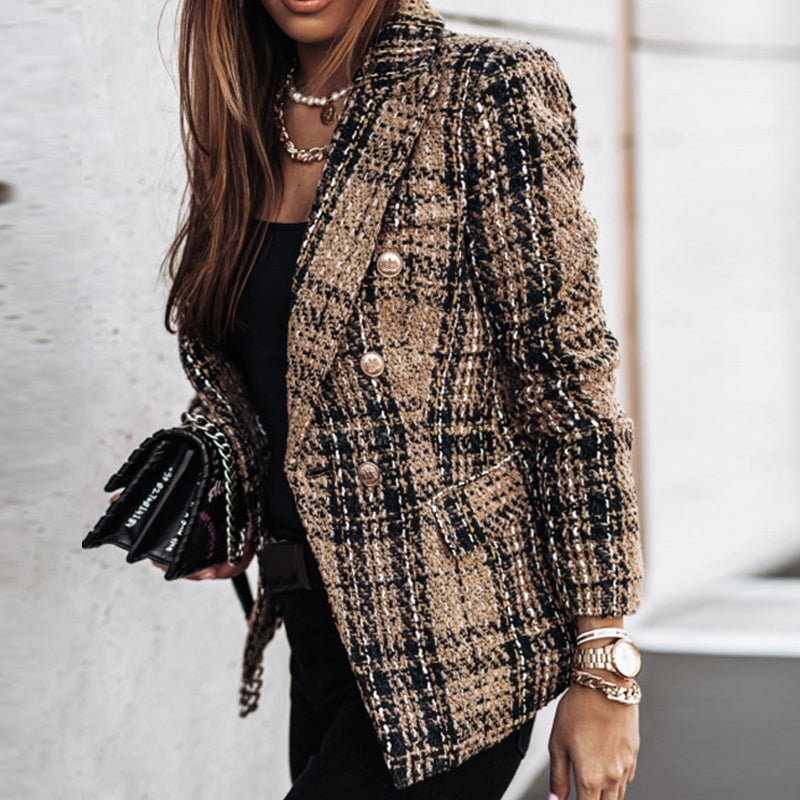 Women's black checkered tweed blazer tailored double-breasted wool blend office-ready fit