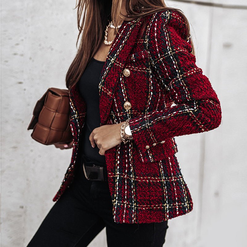 Léonie plaid blazer structured tailored silhouette double-button closure modern professional style