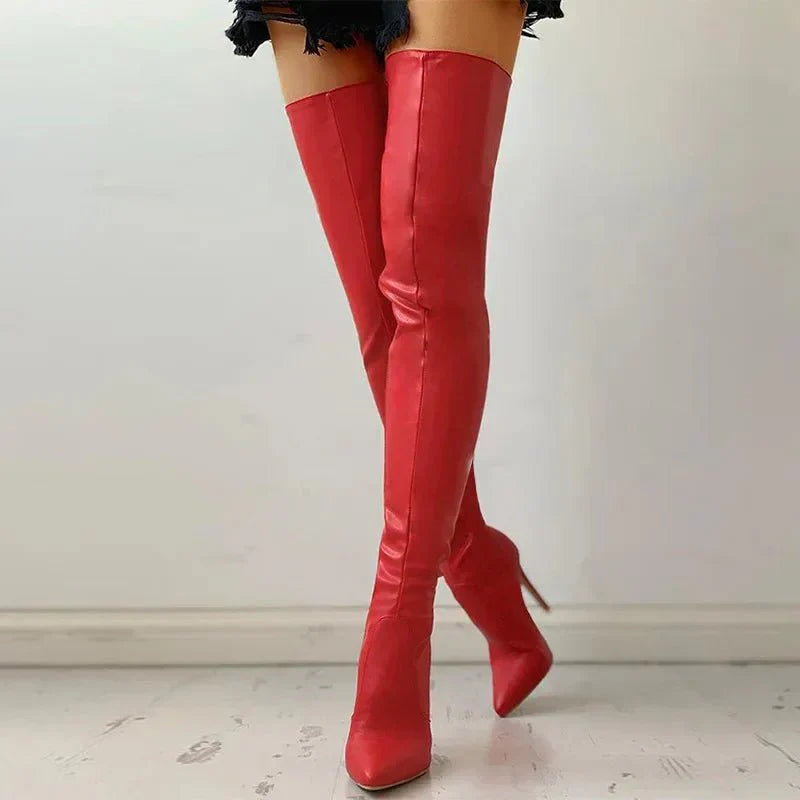 Women's black thigh-high stiletto boots with sleek slim heel and leg-elongating silhouette