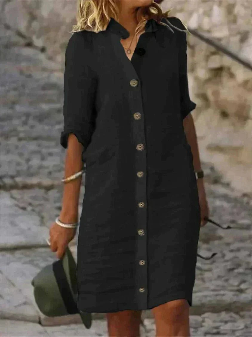 Women's relaxed fit knee-length shirt dress lightweight cotton blend long sleeves casual style
