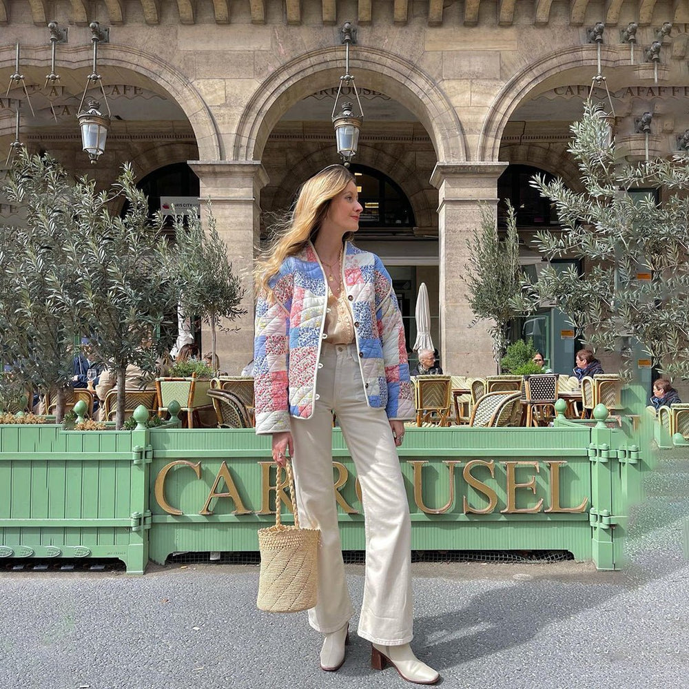 Women's quilted floral print jacket oversized fit hip-length with button closure chic casual layer