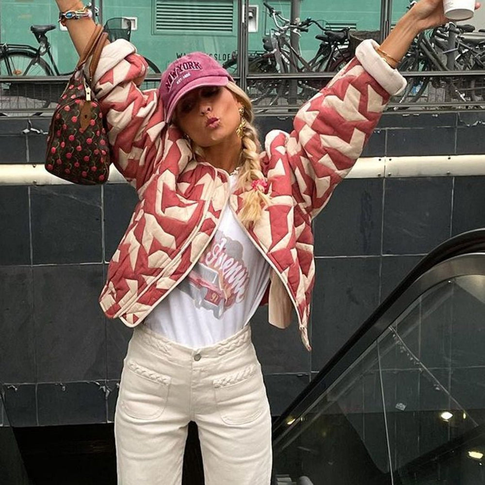 Women's quilted floral print jacket oversized fit hip-length with button closure chic casual layer