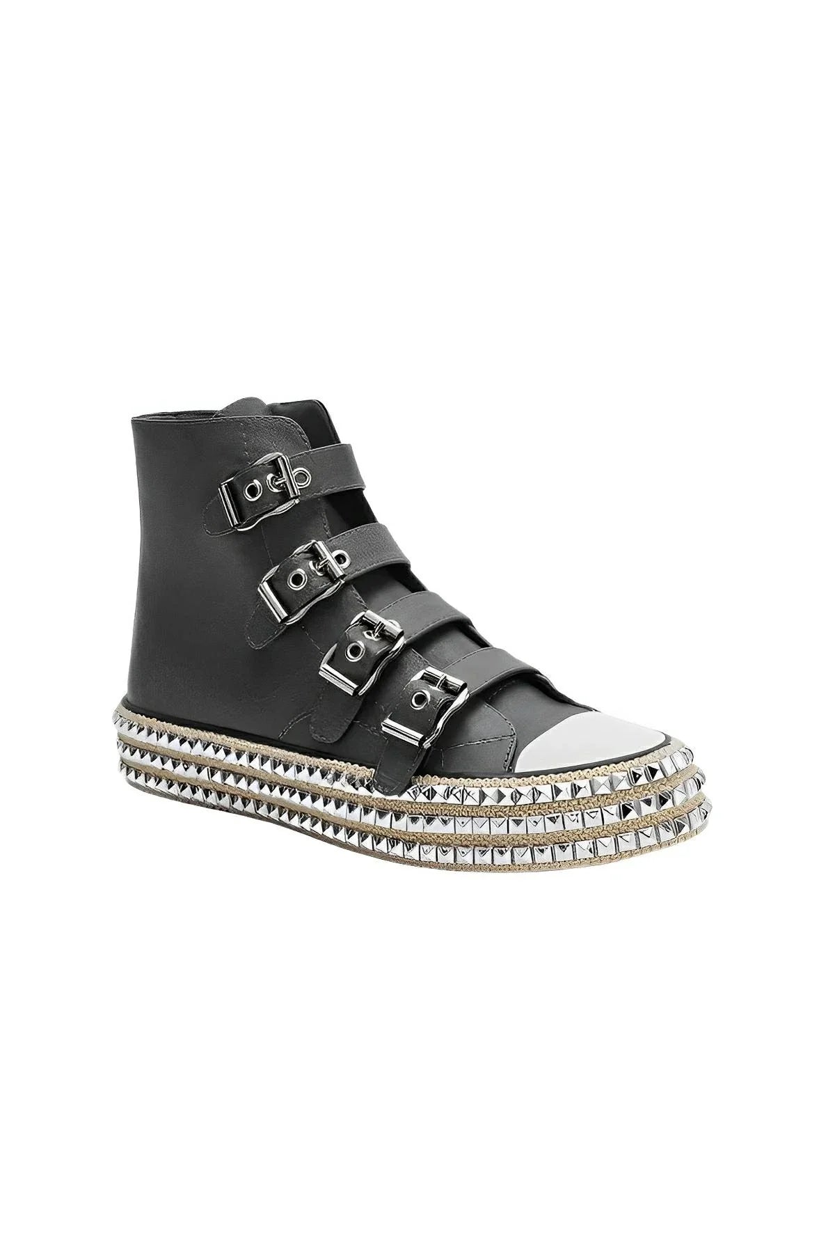 Black high-top platform sneakers with multi-buckle straps and metal studs for bold streetwear style