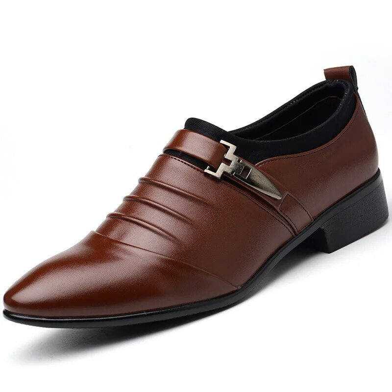 Men's black pointed toe monk strap dress shoes with elegant buckle in PU leather formal style