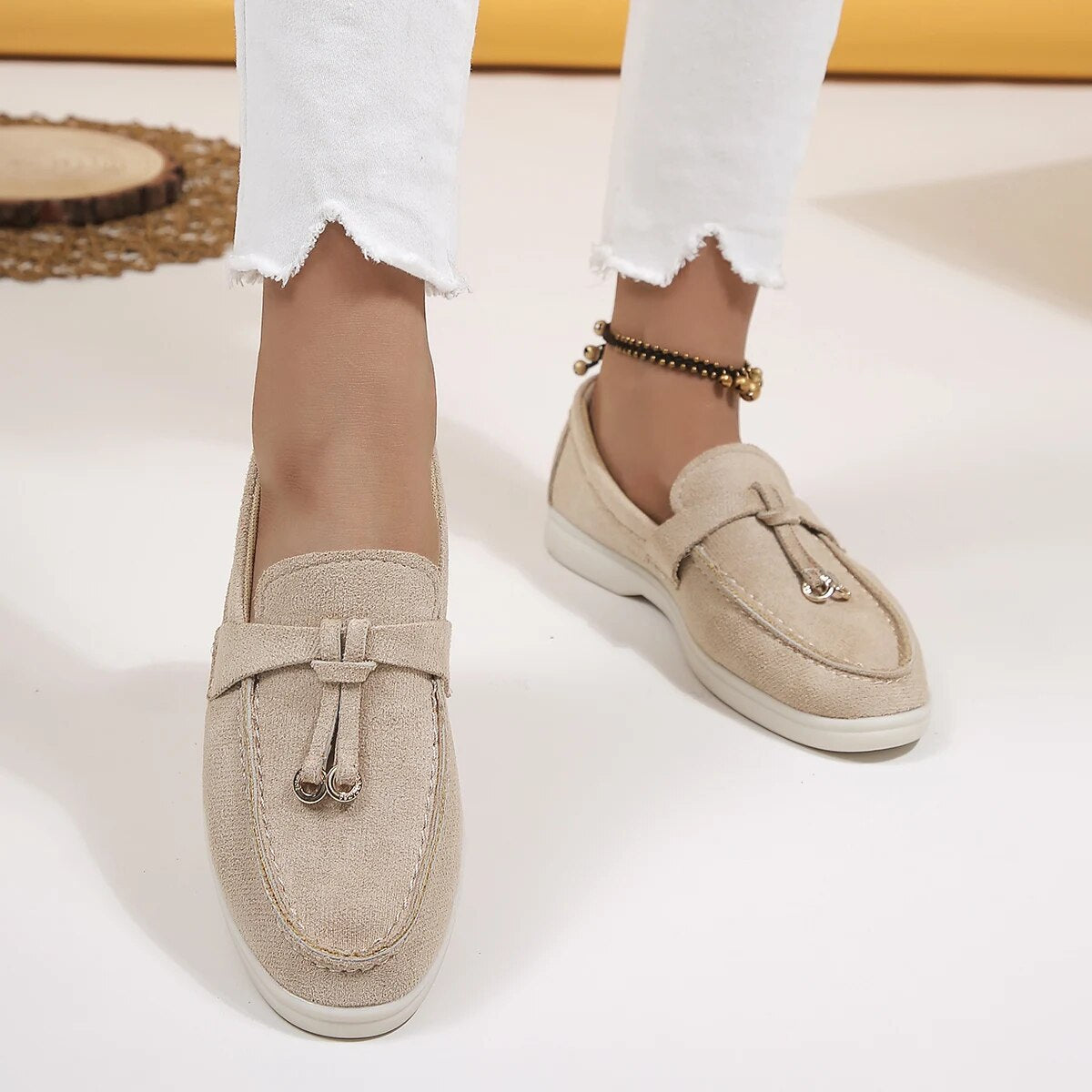 Women's beige suede-finish PU moccasin slip-on with cushioned sole for all-day comfort