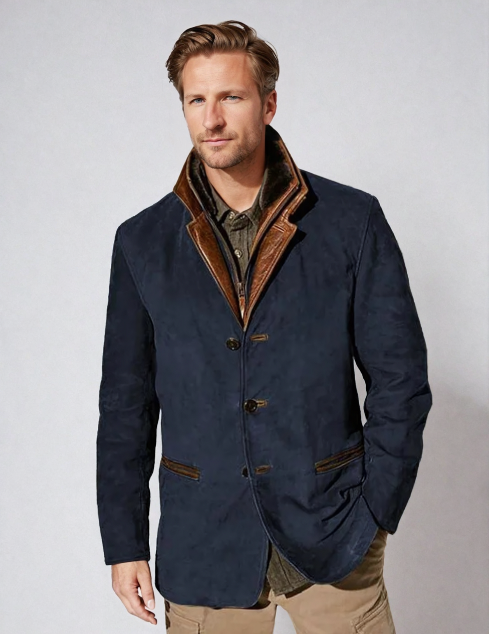 Men's vintage wool blend jacket with stand-up collar, slim elegant fit for casual and office wear