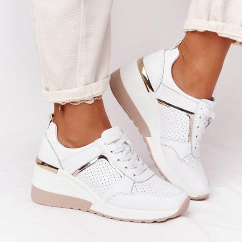 Women's white orthopedic wedge sneakers with hidden platform sole and arch support by Urbann Vibe