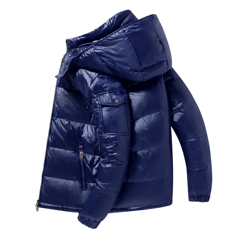 Men's shiny puffer jacket duck down insulated windproof coat with hood, glossy finish, urban style