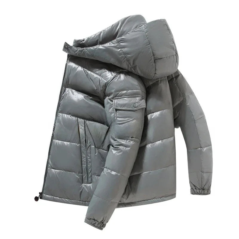 Men's shiny puffer jacket duck down insulated windproof hooded coat in glossy urban style