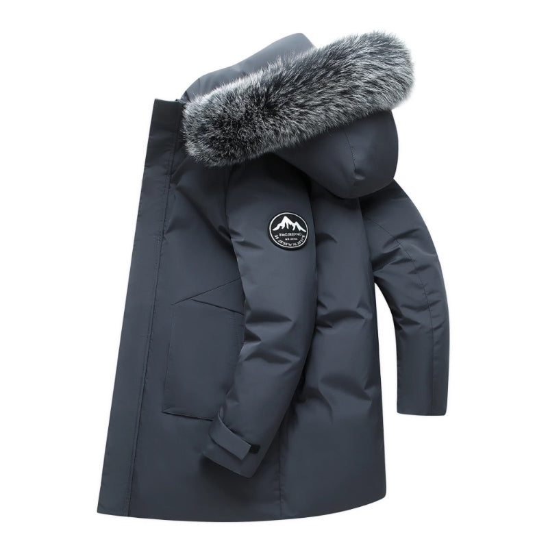 Men's black longline duck down puffer jacket with windproof hood and faux fur trim