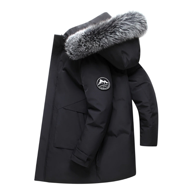 Men's navy longline duck down puffer jacket with windproof hood and faux fur trim