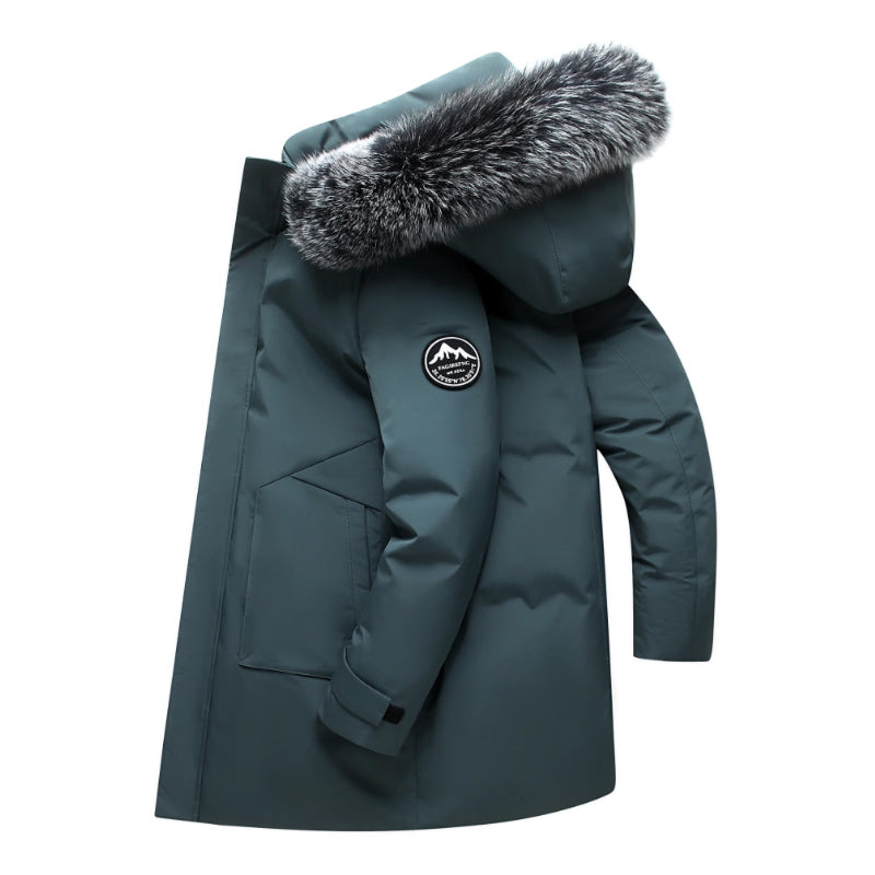 Men's navy longline duck down puffer jacket with windproof hood and faux fur trim