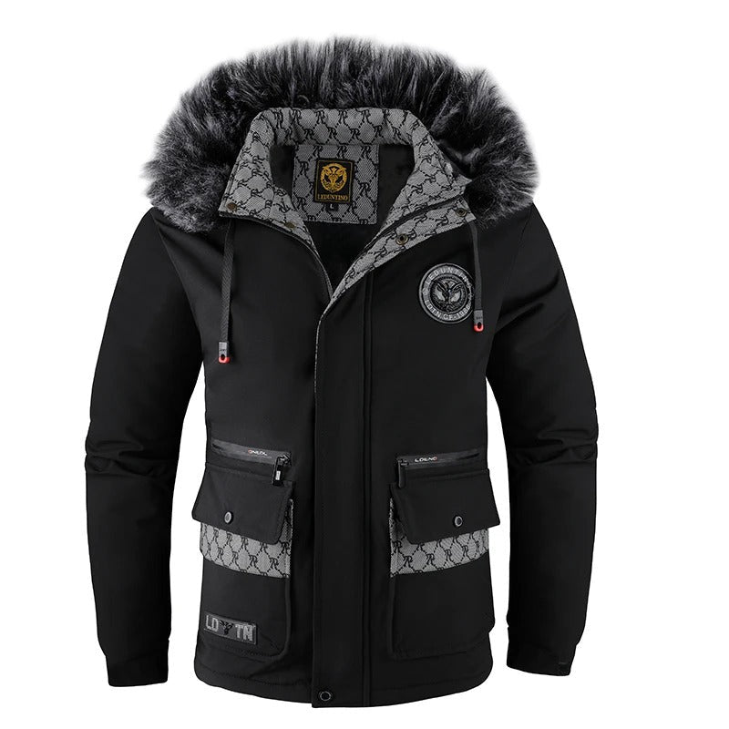 Men's winter padded hooded jacket with fur trim, windproof insulated, city outdoor style