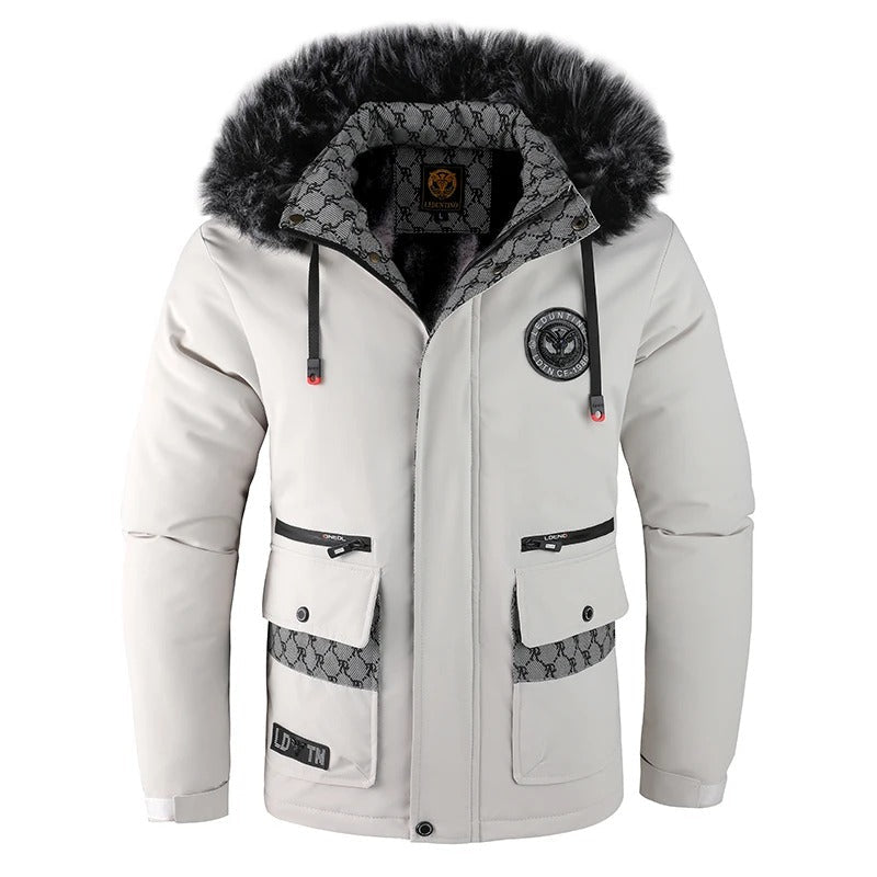 Men's winter padded hooded jacket with fur trim, windproof insulated design for city and outdoor use