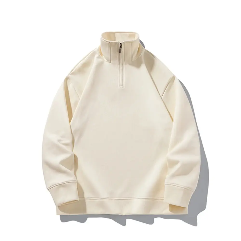 Men's thick cotton half-zip sweatshirt warm layering essential in neutral casual style