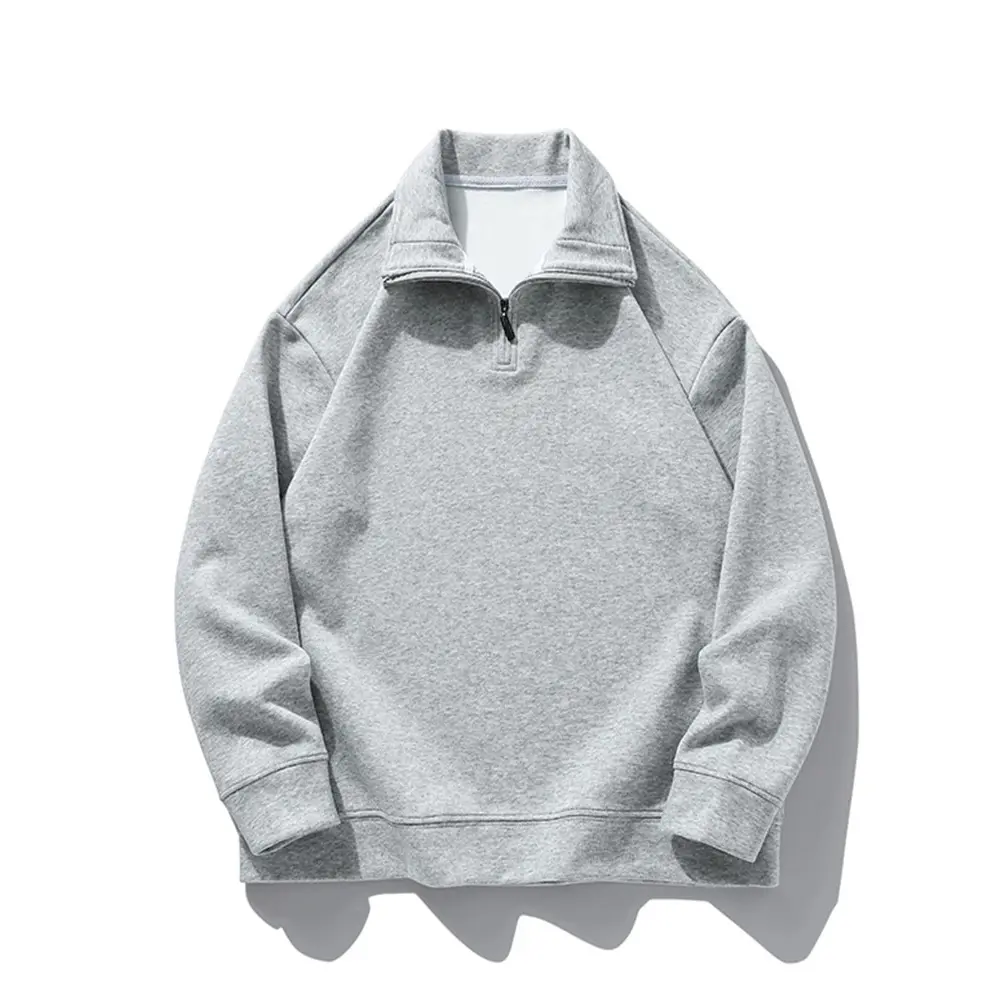 Men's gray thick cotton half-zip sweatshirt with ribbed cuffs, warm layering essential for casual wear