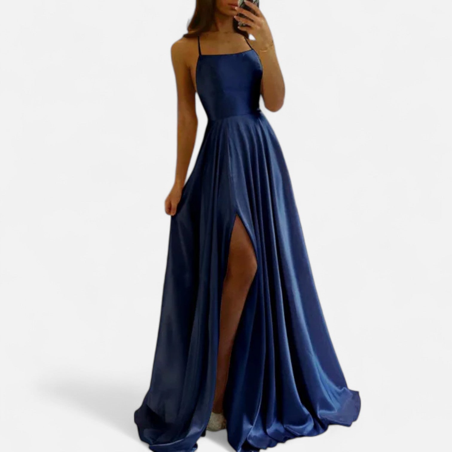 Women's luxurious satin floor-length evening gown with elegant draping, ideal for galas and formal events