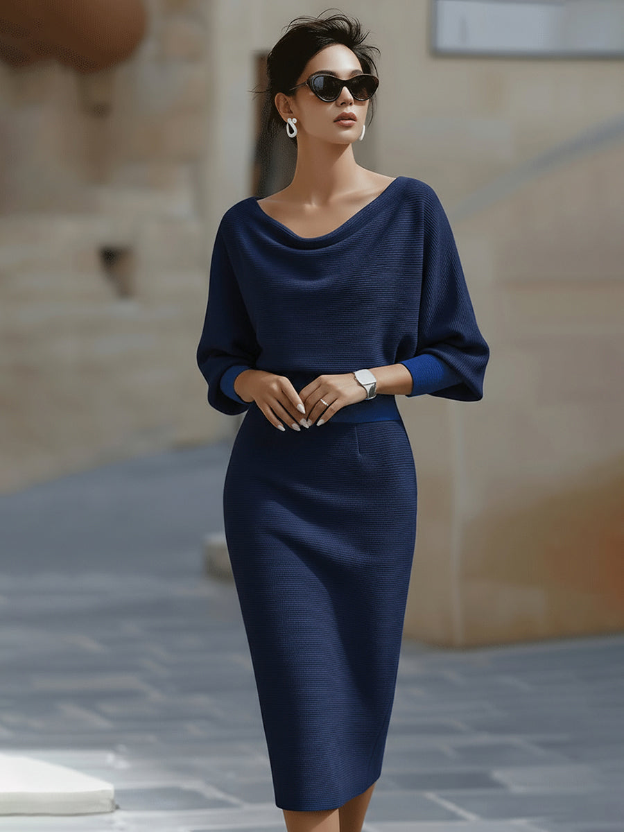 Elegant black draped neckline midi knit gown with fluid fitted silhouette for women