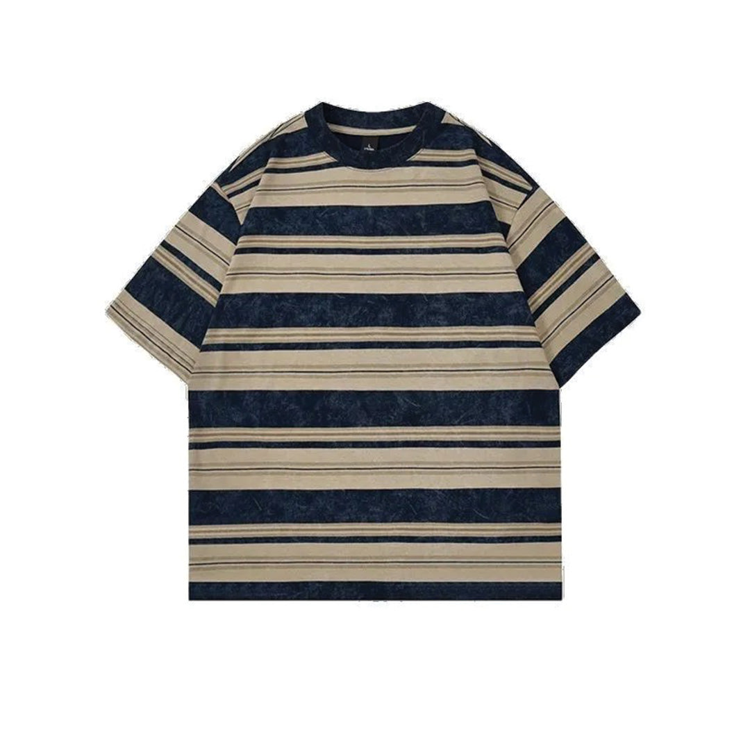 Vintage oversized unisex tee with sun-faded stripes, distressed cotton crew-neck in retro 90s style