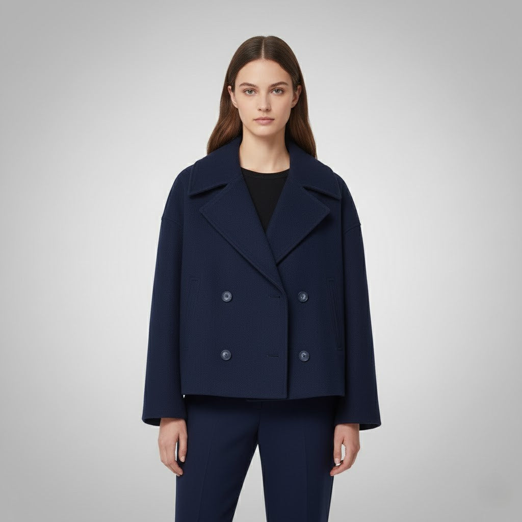 Women's cropped double-breasted short jacket in classic tailored style with elegant button closure