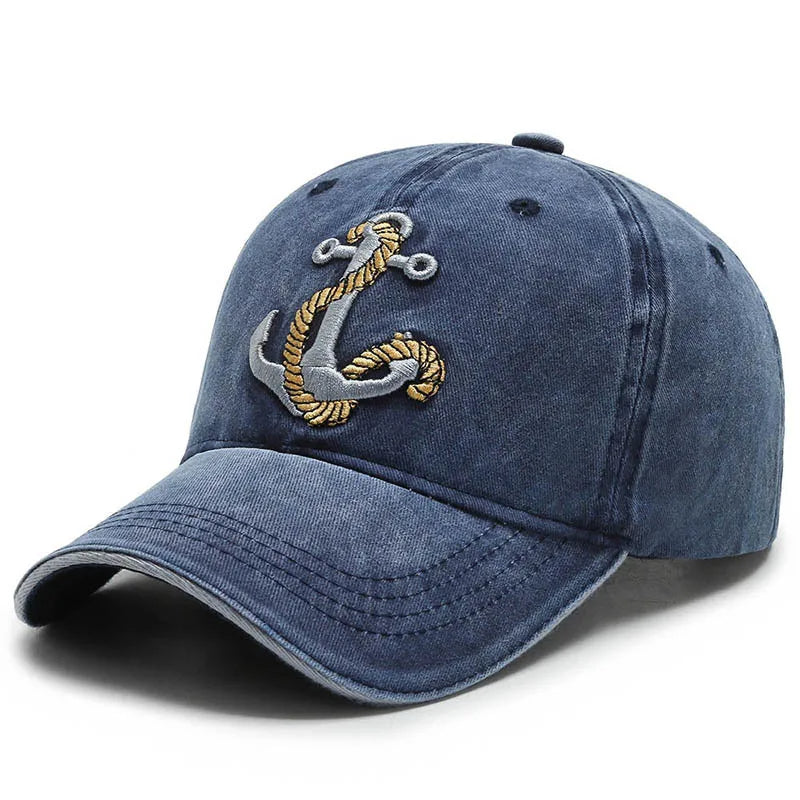Washed cotton baseball cap with embroidered anchor patch, adjustable metal buckle, vintage outdoor style