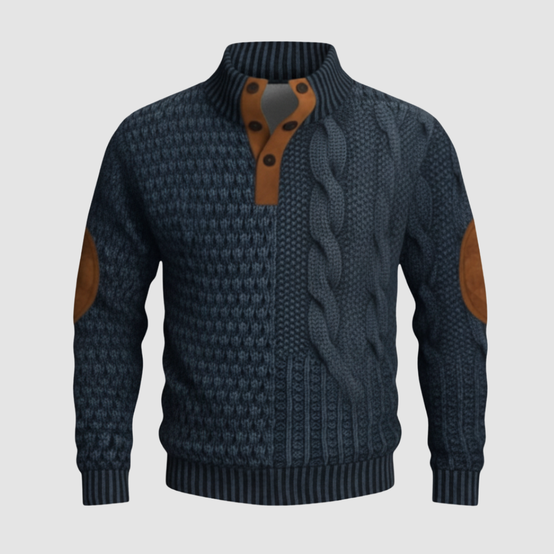Men's cable knit high collar sweater with suede leather accents, regular fit versatile style