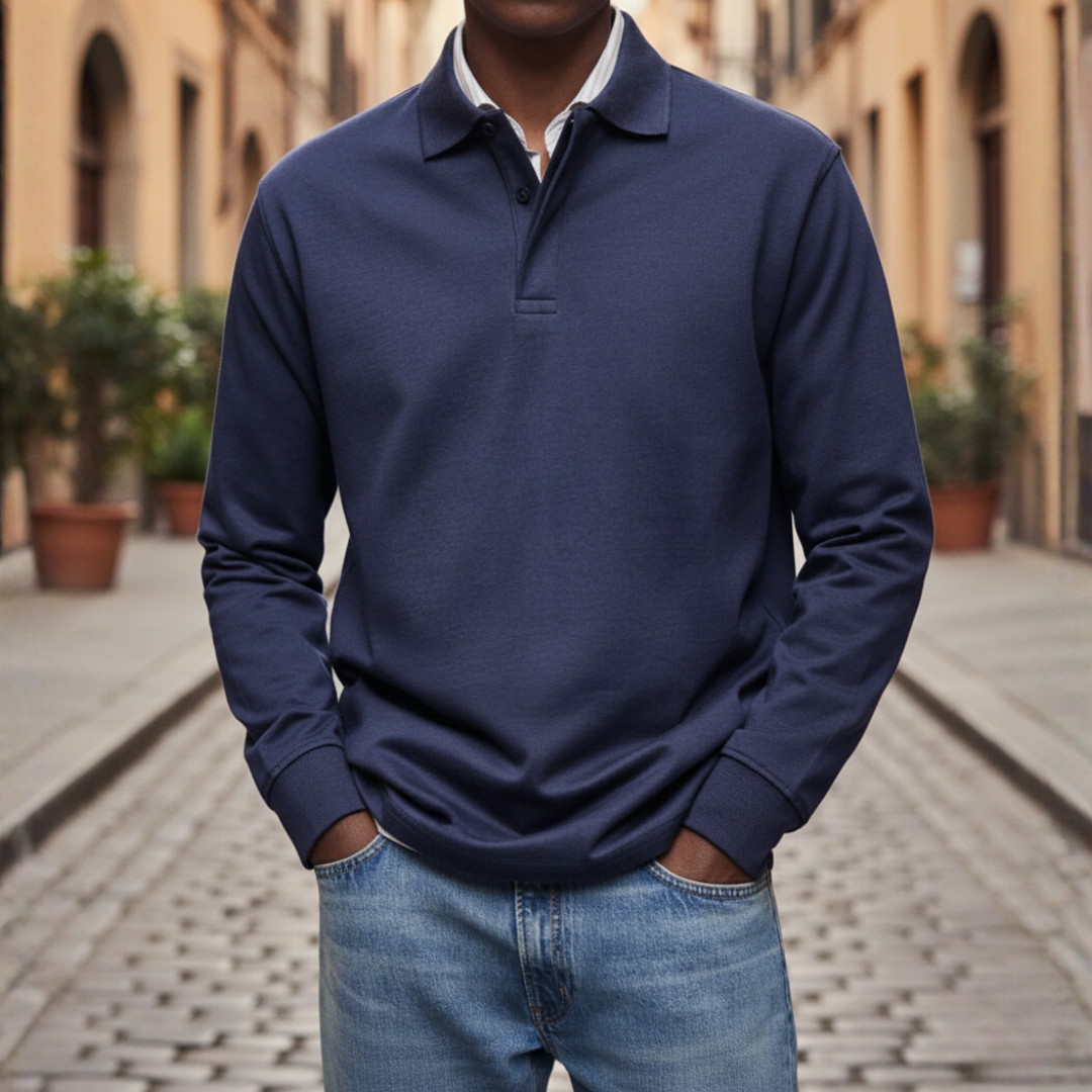 Men's long sleeve polo shirt button collar soft fabric comfortable fit for cooler days