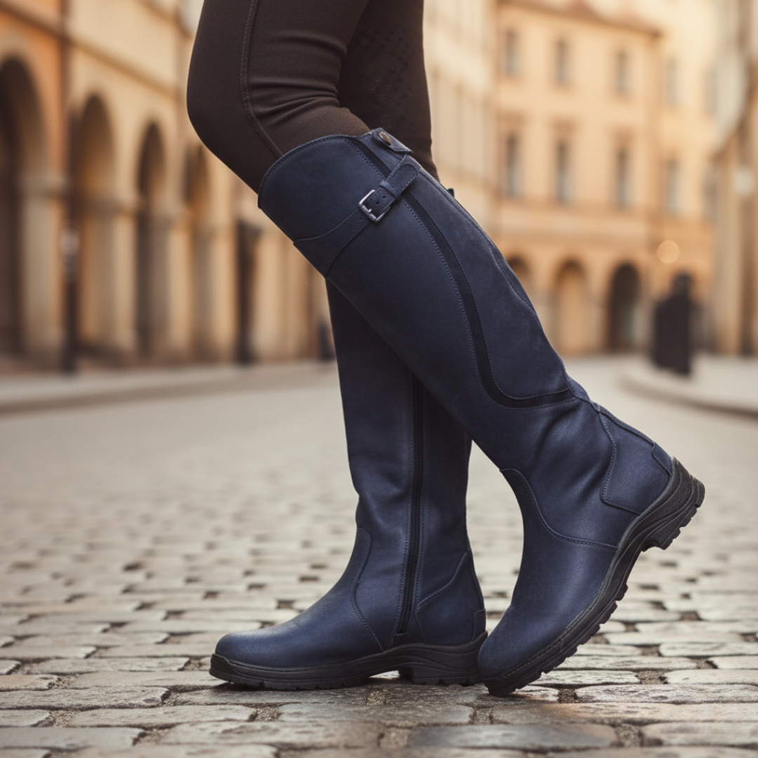 Women's black faux leather knee-high boots with side zipper, cozy everyday winter style