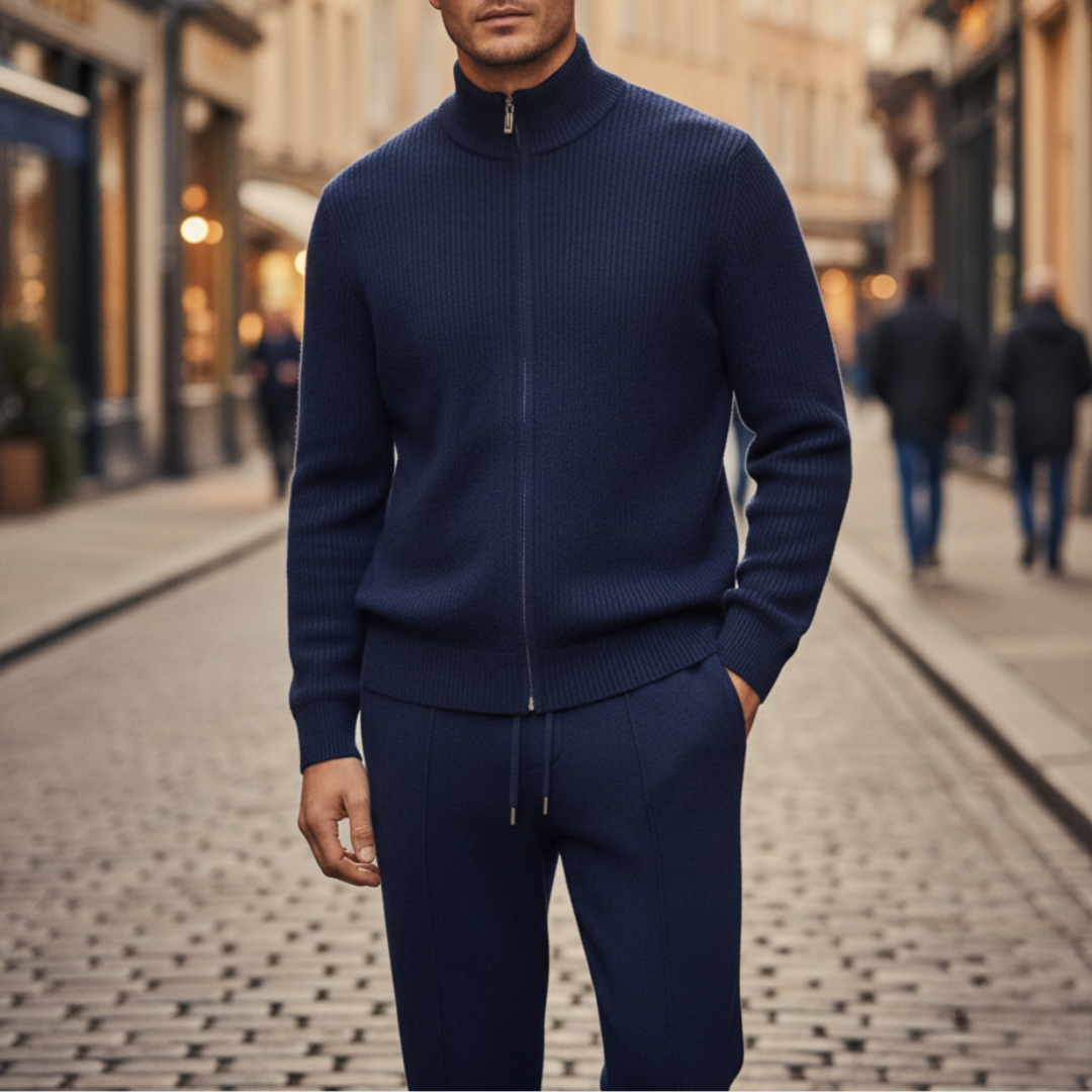 Men's soft yarn tracksuit set zip jacket joggers regular fit ribbed collar athletic leisure