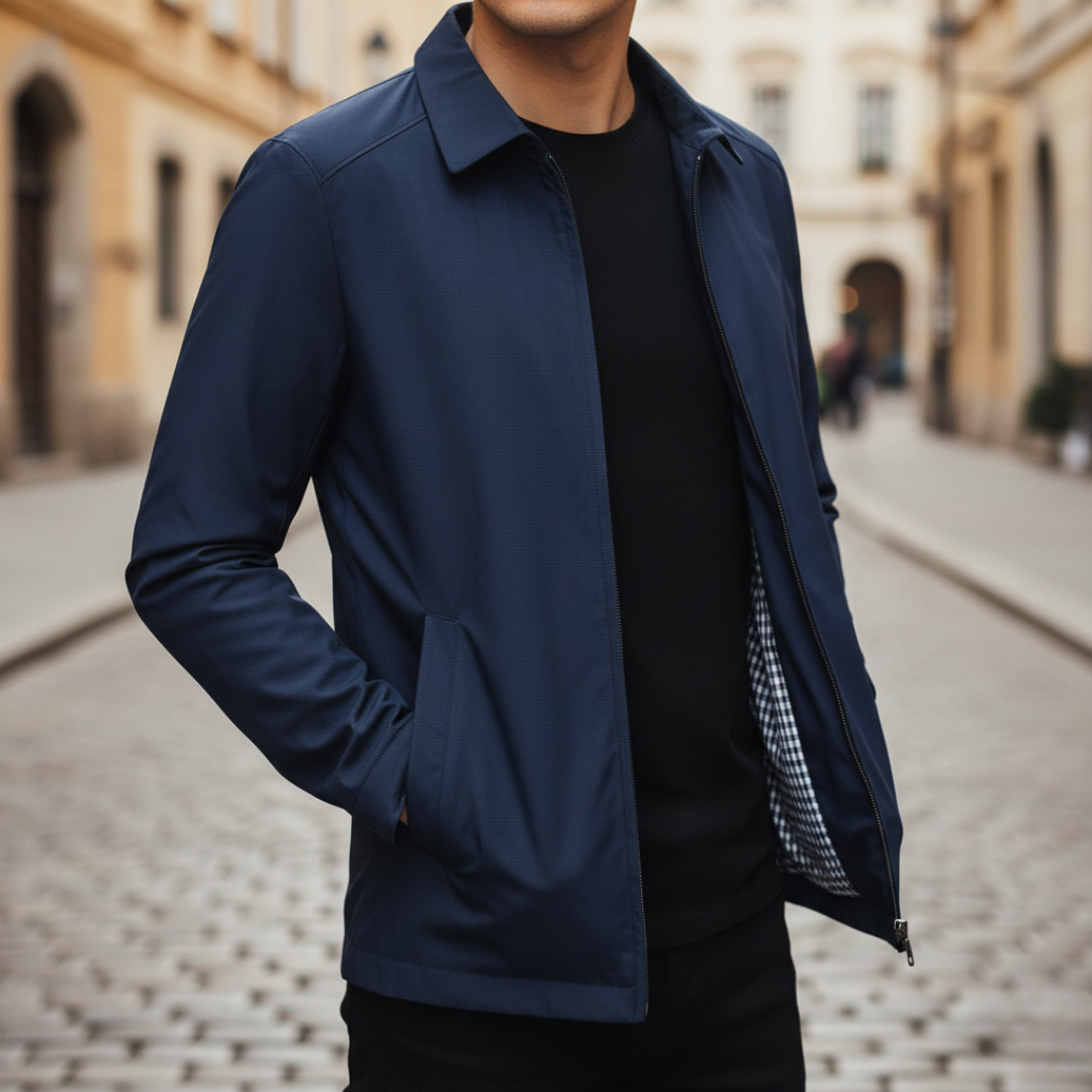 Men's casual long sleeve zip-up jacket in black, green or blue with clean versatile silhouette