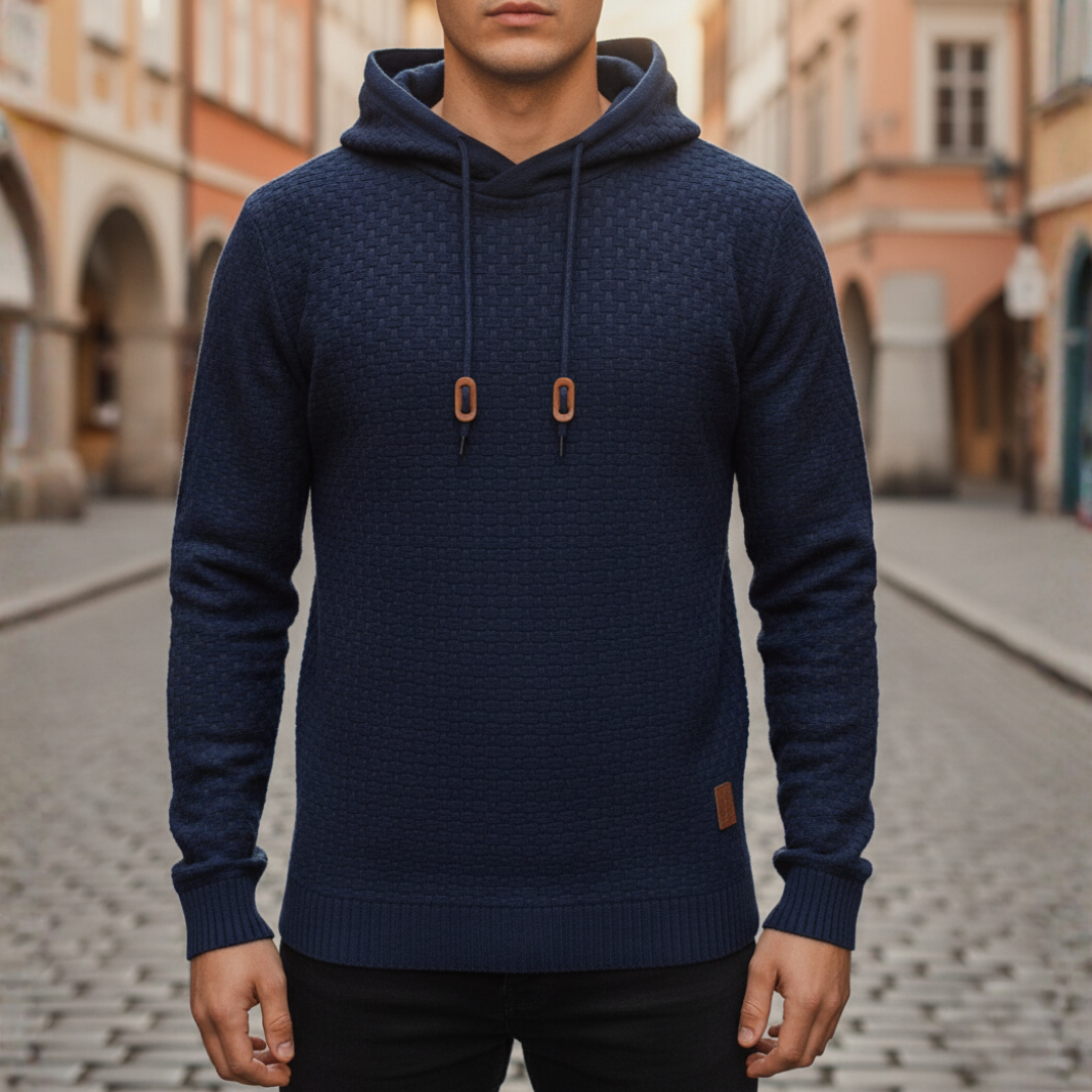 Men's beige polyester hoodie sweatshirt with adjustable hood and front pocket, casual sporty fit