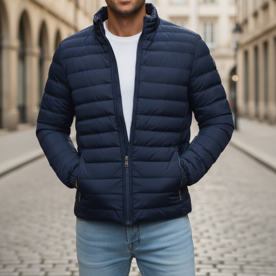 Men's black puffer down jacket durable insulated coat cold weather active slim fit
