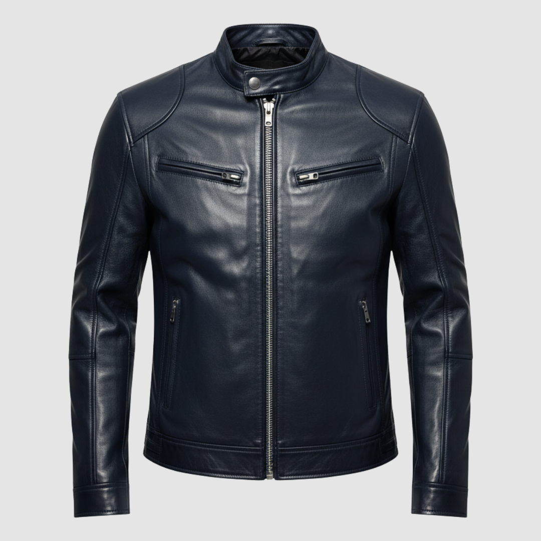 Men's black leather jacket elegant slim cut with zip closure and multiple functional pockets