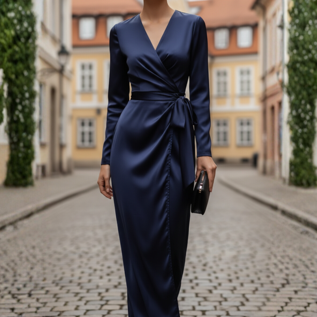 Women's long wrap dress belted waist fluid drape elegant evening gown for ceremony cocktail