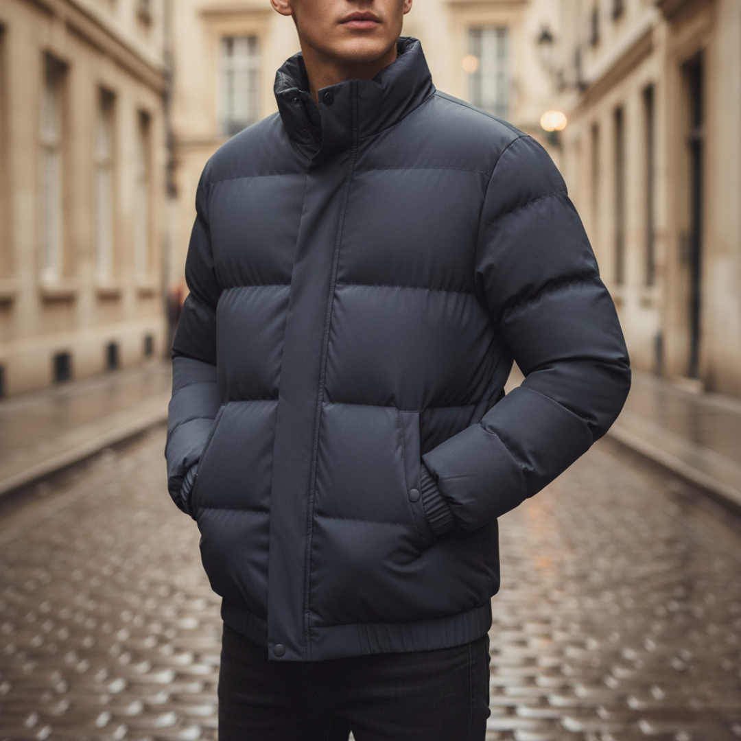 Men's black insulated down jacket high collar full-zip ribbed cuffs casual winter warmth