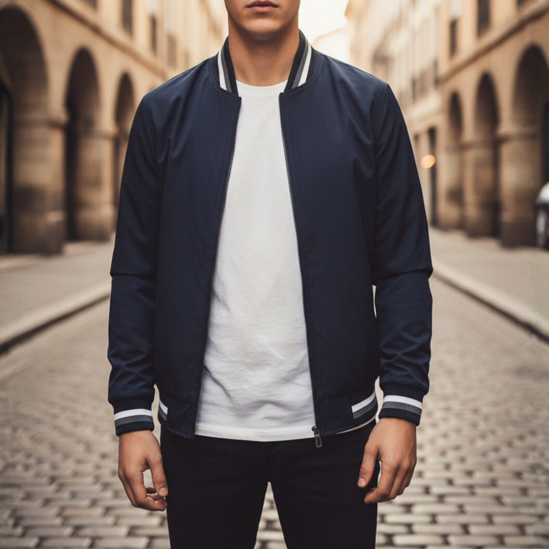 Men's green polyester bomber jacket with elastic cuffs and hem, casual lightweight outerwear for adult men