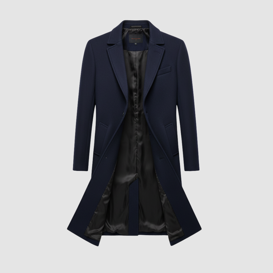 Men's wool blend overcoat in versatile colors sleek clean-cut silhouette for formal and casual cold weather wear