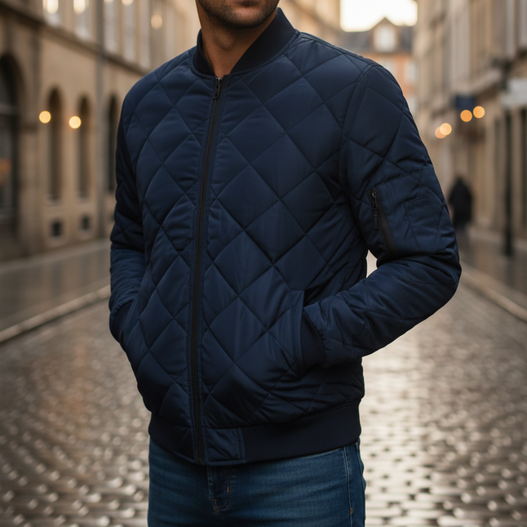 Men's blue lightweight synthetic bomber jacket with slim silhouette and insulated padding for winter