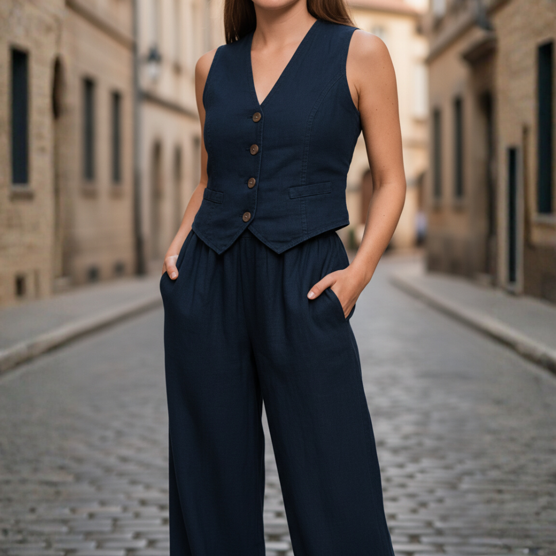 Women's polyester vest and pants suit set elegant office wear with buttoned front professional silhouette